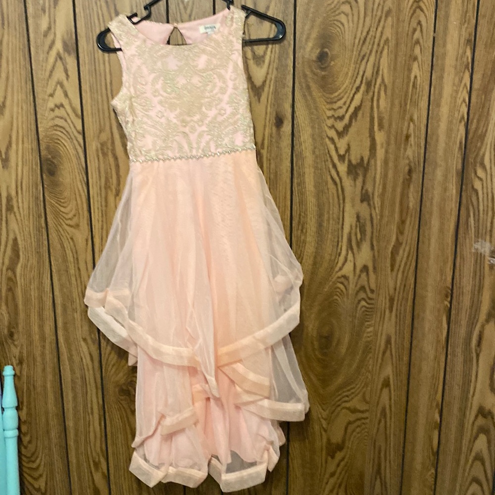 A pink dress has lots of layers, isn’t itchy, very pretty